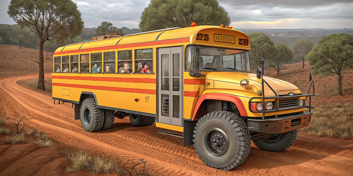 Remote area Australian school bus driving on red dirt road